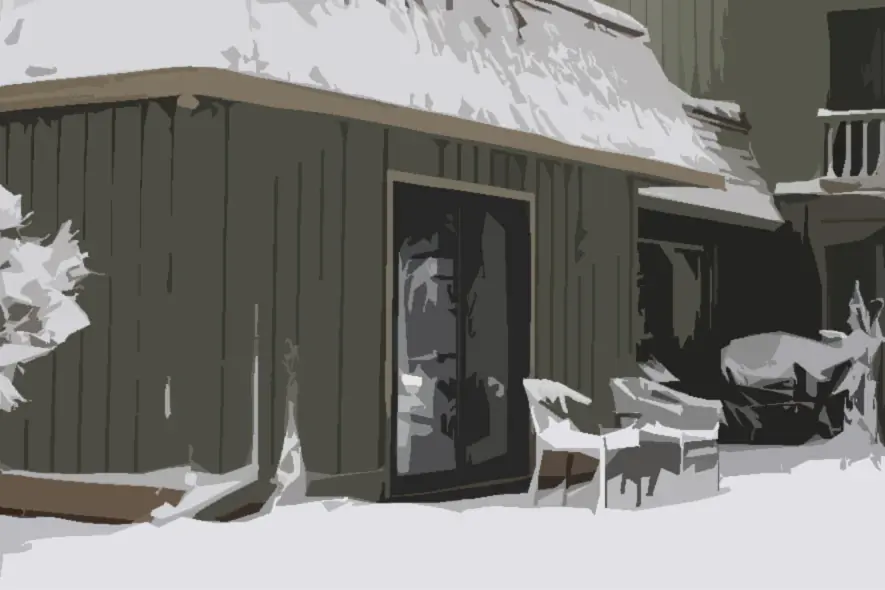 A green board-and-batten house under heavy snow, chairs on the porch, rendered with a posterised effect