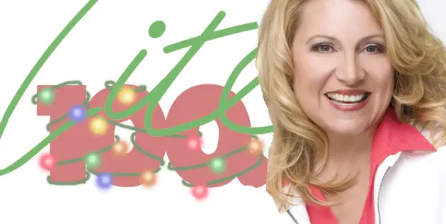 Holiday promo graphic with the Lite 100.5 logo wrapped in a garland of coloured Christmas lights
