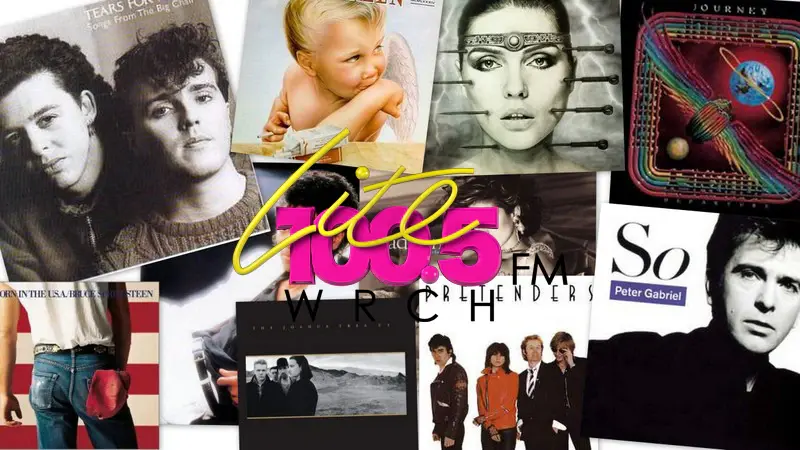 Station promo graphic with the Lite 100.5 FM WRCH logo over a collage of 1980s album covers