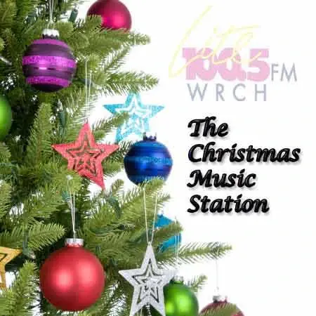 Holiday promo graphic reading "Lite 100.5 FM WRCH — The Christmas Music Station" over a decorated Christmas tree